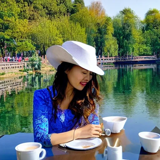 Image similar to a beautiful woman wearing a blue lace top and a white hat, drinking coffee by a river in beijing