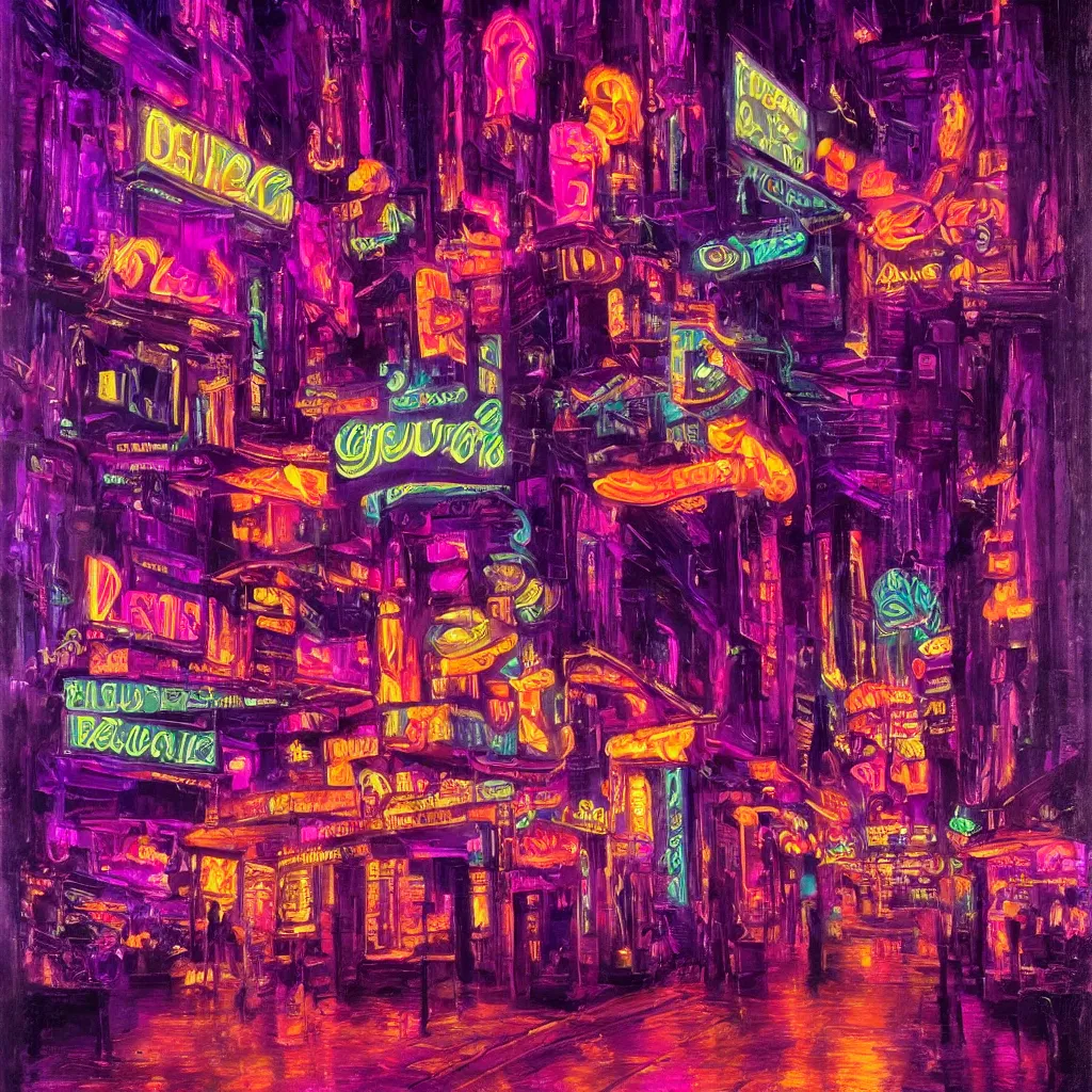 Image similar to a neon seedy city at night. in the style of delphin enjolras. purple color scheme. intricate. highly detailed.