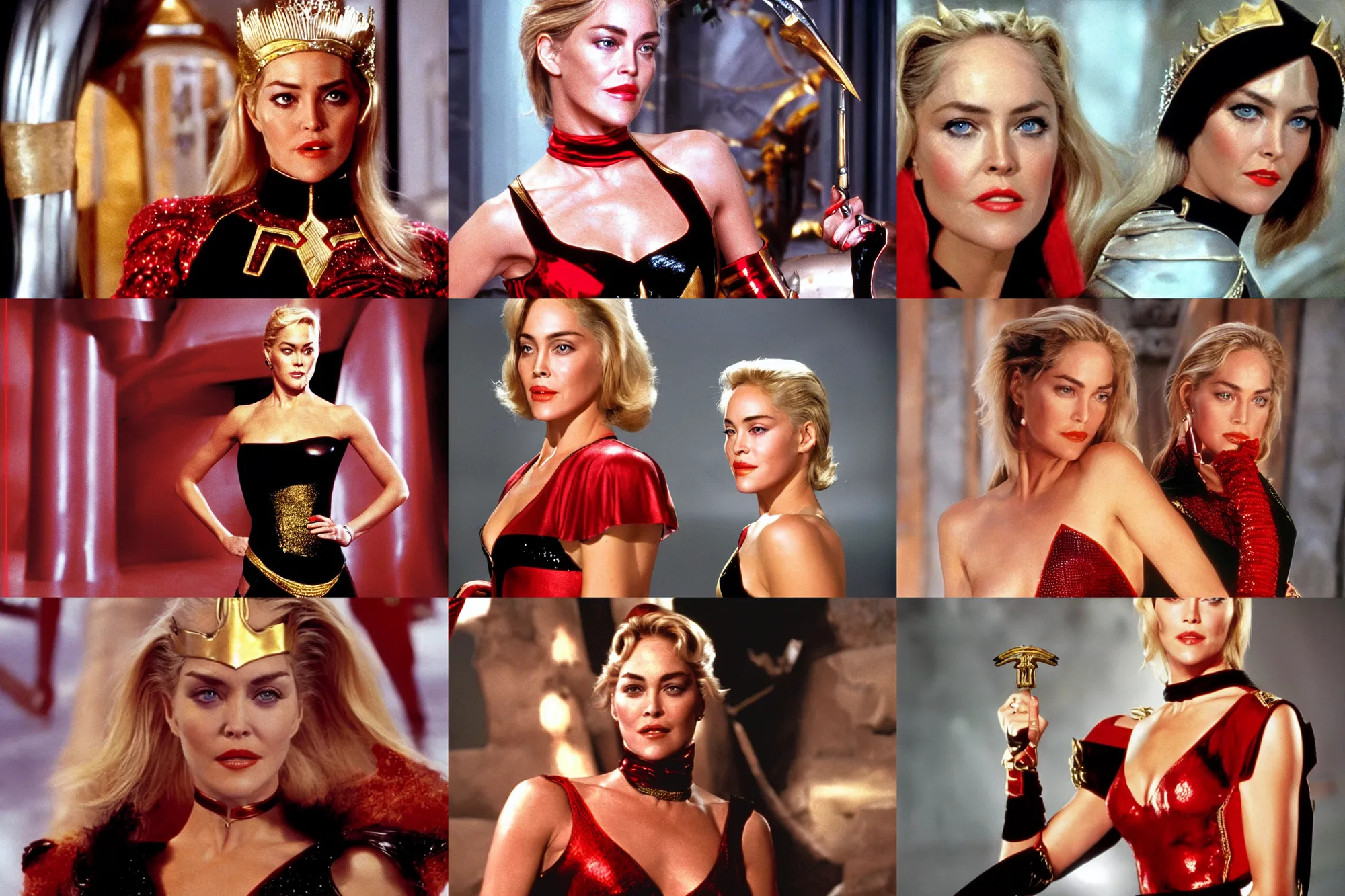 Image similar to Head Shot of a young Sharon Stone as Princess Aura in Flash Gordon 1980, Red Gold and Black outfit, film still