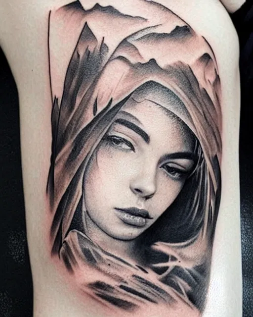 Prompt: tattoo design sketch of a beautiful woman face faded with a faded background of beautiful mountains and nature on her side, hyper - realistic, in the style of den yakovlev, amazing detail, black and white