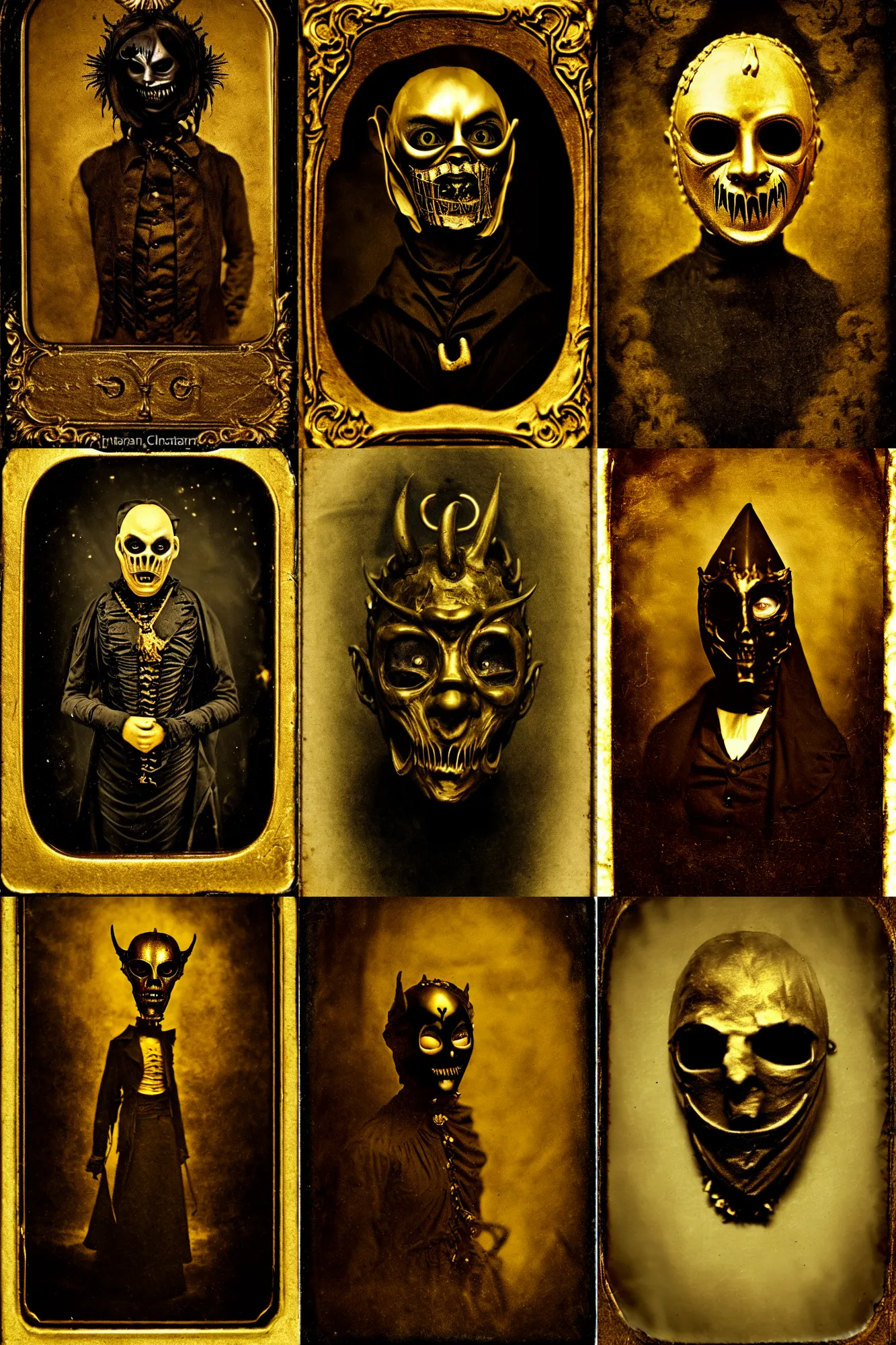 Prompt: a creepy demon with a mask made of gold, a character portrait, Victorian England, 1837, deviantart, gothic art, deviantart, tintype photograph, goth