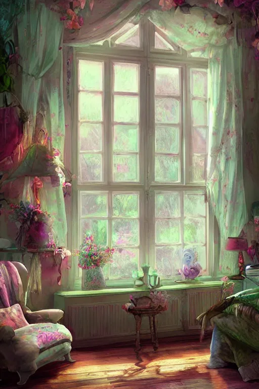 Prompt: matte sharp painting shabby chic room with windows james gurney, artgerm, lisa frank, artstation behance storybook