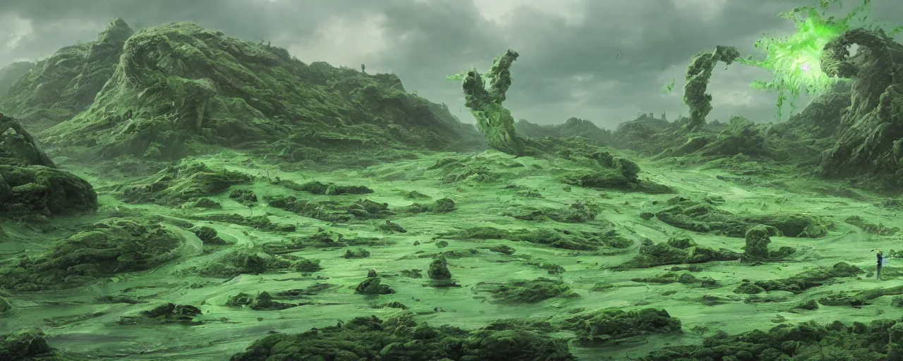 Prompt: landscape covered in green slime and goo, [ cinematic, detailed, epic, widescreen, opening, establishing, mattepainting, photorealistic, 4 k, octane render, art by greg rutkowski ]
