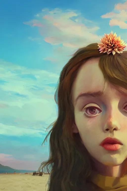 Image similar to closeup girl with huge dahlia flower face, on the beach, surreal photography, blue sky, sunrise, dramatic light, impressionist painting, digital painting, artstation, simon stalenhag