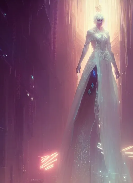 Image similar to a beautiful white haired princess, intricate concept art, ethereal, ominous, mysterious, enchanted, magic, dramatic lighting, illuminated lines, outrun, vaporware, illuminated rune symbols, cyberpunk darksynth, dark background, 8 k, by ruan jia and krenz cushart and alphonse mucha