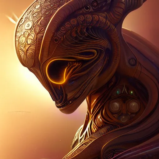 Image similar to hyper advanced alien evolved from dolphin, sci fi, glowing eyes, volumetric lights, gold theme, art nouveau botanicals, intricate, highly detailed, digital painting, artstation, concept art, smooth, sharp focus, cinematic, illustration, beautiful face, art by artgerm and greg rutkowski and alphonse mucha