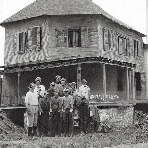 Image similar to nice comfy house old photograph with a lot of workers