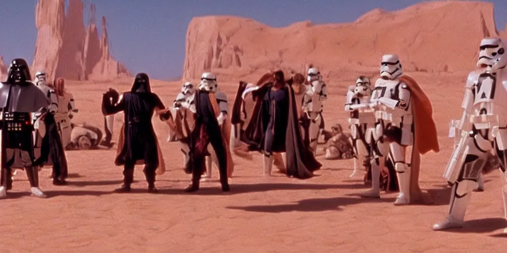 Prompt: film still from Star Wars, Bill and Ted on Tatooine