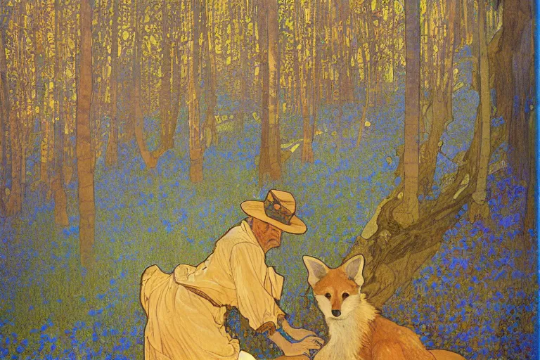 Image similar to landscape art nouveau painting of an old man dressed as a farmer and his fox in the forest, by alphonse mucha and gustav klimt and antoni gaudi, masterpiece,, warm shades of blue, silver, orange, gold, and pink, oil painting, high resolution, very detailed, oil on canvas, trending on artstation