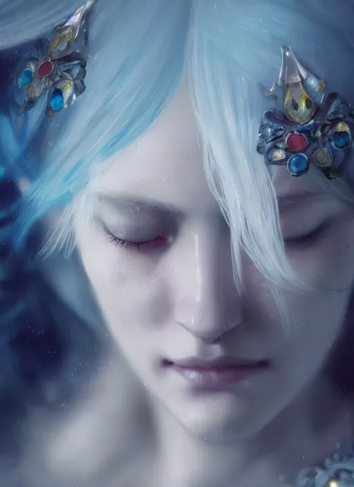 Prompt: a beatiful white haired princess with blue colored eyes, adorned with precious stone jewelry, intricate concept art, ethereal, ominous, misty, dramatic lighting, Octane Render, 8k, Ruan Jia and Jeremy Mann and Alphonse Mucha
