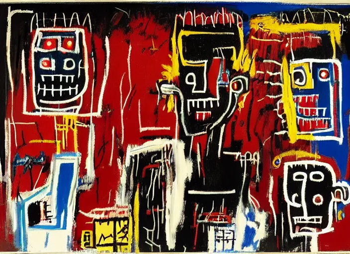 Prompt: the night watch painted by jean michel basquiat