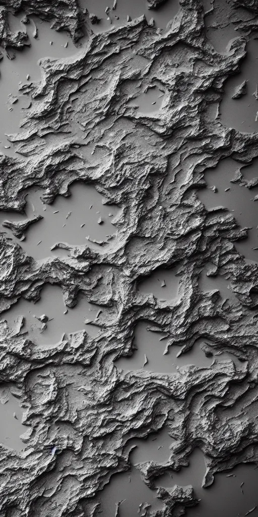 Image similar to a photorealistic render of a topographic island map, on a black background, greyscale, made of melted plastic and marble, c 4 d, by zhelong xu ouchh studio and ernst haeckel, wide angle, hyper realistic, plain black background, 8 k, volumetric lightning, octane render