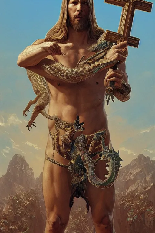 Image similar to fullbody!! dynamic action pose, christ with the head of a scaly cold blooded reptilian lizard holding a holy cross in his claws, intricate, elegant, highly detailed, digital painting, artstation, concept art, smooth, sharp focus, illustration, art by artgerm and greg rutkowski and alphonse mucha