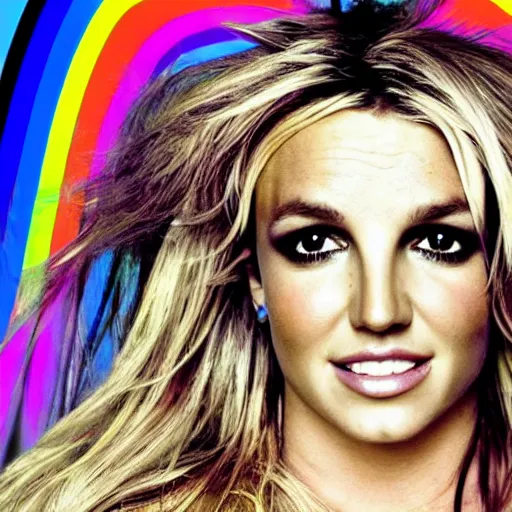 Image similar to a. Britney Spears album cover for a rainbow pop album