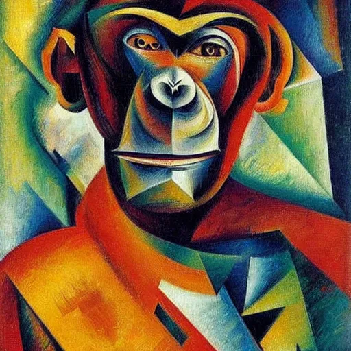 Image similar to cubo - futurism art portrait of an ape monkey by umberto boccioni, futuristic very abstract style painting, futurism art movement