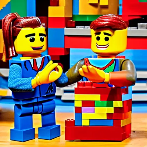 Prompt: Bert and Ernie from Sesame Street build a Lego set together