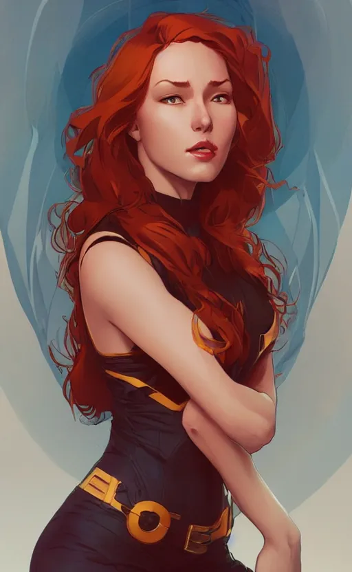 Prompt: Jean Grey, highly detailed, digital painting, artstation, facing camera, concept art, smooth, sharp focus, illustration, art by artgerm and alphonse mucha, high definition digital art, dramatic lighting, in the style of ilya kuvshinov and Ross tran