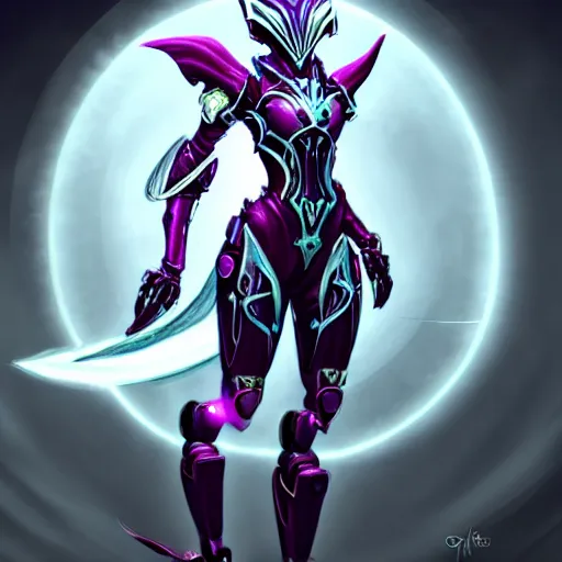 Image similar to highly detailed exquisite fanart, of a beautiful female warframe, but as an anthropomorphic robot female dragon, glowing eyes, off-white plated armor, bright Fuchsia skin, sharp claws, royal elegant pose, close full body and head shot, epic cinematic shot, realistic, professional digital art, high end digital art, sci fi, DeviantArt, artstation, Furaffinity, 8k HD render, epic lighting, depth of field