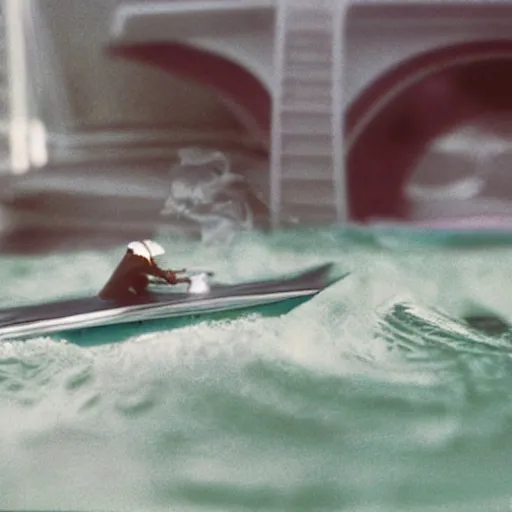 Prompt: beautiful hyperrealism three point perspective film still of Gandalf the grey boat racing in Miami Vice(1988) extreme closeup portrait in style of 1990s frontiers in translucent porclein miniature street photography seinen manga fashion edition, miniature porcelain model, focus on face, eye contact, tilt shift style scene background, soft lighting, Kodak Portra 400, cinematic style, telephoto by Emmanuel Lubezki
