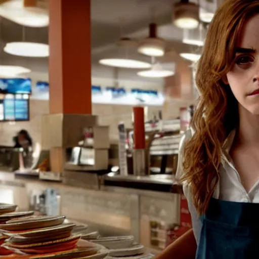 Prompt: Still of Emma Watson as Hermione Granger working the counter at a fast food restaurant. Prisoner of Azkaban. During golden hour. Extremely detailed. Beautiful. 4K. Award winning.