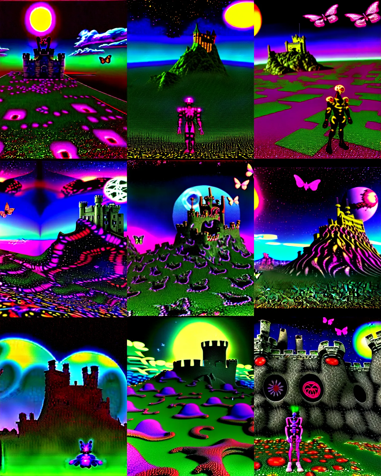 Prompt: 3 d render of cyborg demon standing in cybernetic mountain landscape with castle ruins against a psychedelic surreal background with 3 d butterflies and 3 d flowers n the style of 1 9 9 0's cg graphics against the cloudy night sky, lsd dream emulator psx, 3 d rendered y 2 k aesthetic by ichiro tanida, 3 do magazine, wide shot