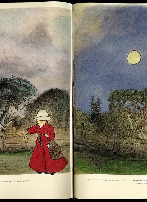 Prompt: transitioning from day to night, surrounded by light clouds, landscape, illustrated by peggy fortnum and beatrix potter and sir john tenniel