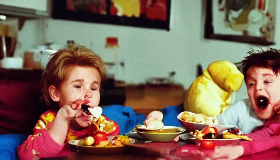 Image similar to 1990s candid 35mm photo of a beautiful day in the family kitchen , cinematic lighting, cinematic look, golden hour, Nintendo's Kirby is eating the family sofa, kids are crying, the Sofa is in Kirby's mouth, UHD