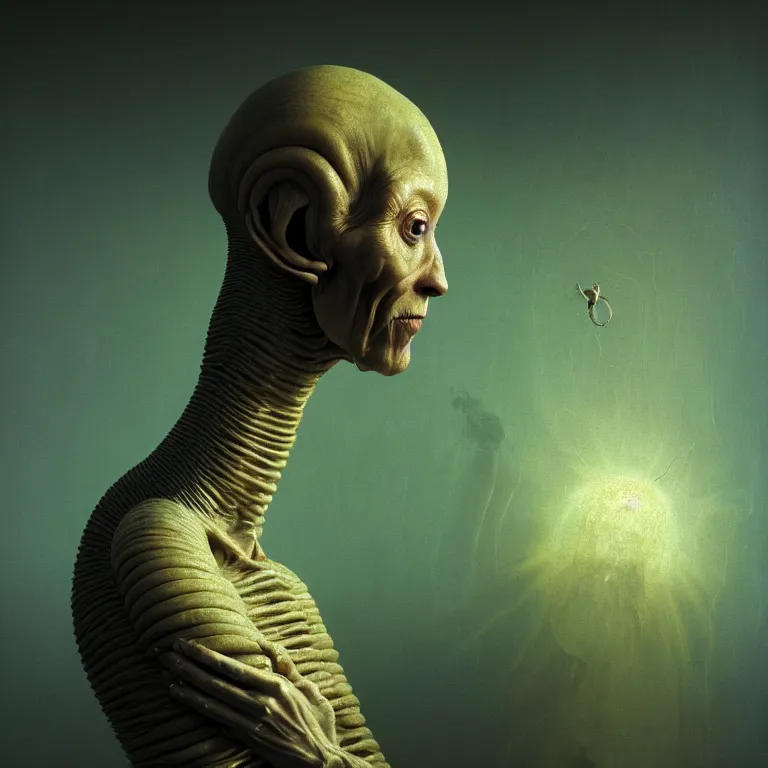 Image similar to portrait of a ribbed alien by hieronymus bosch, wide shot, soft glow bloom lucid dream - like ethereal atmosphere, baroque portrait painting, perfect composition, beautiful intricate detailed octane render trending on artstation, 8 k artistic photography, volumetric cinematic perfect light, chiaroscuro, masterpiece, raphael, caravaggio, rutkowski, beeple, beksinski