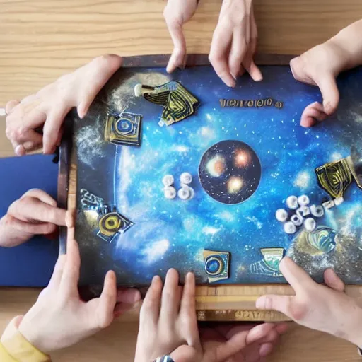 Image similar to overhead shot of an innovative space themed card game being played on a wooden table