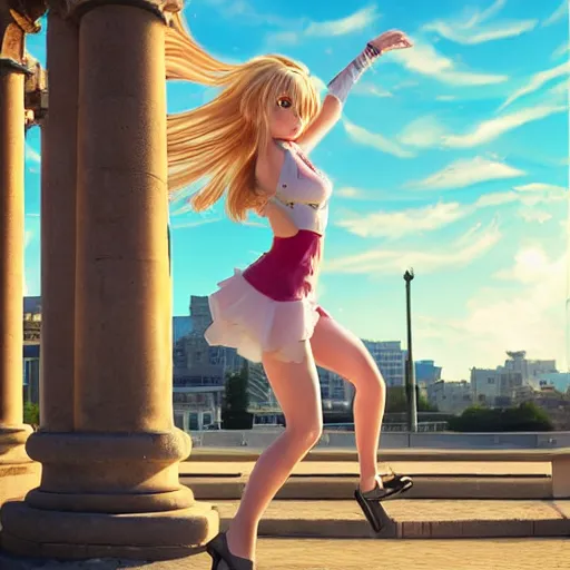 Image similar to blonde - haired princess, anime princess, wearing skinsuit, action pose, parkour, plaza, greco - roman pillars, golden hour, partly cloudy sky, sepia sun, strong lighting, strong shadows, vivid hues, ultra - realistic, sharp details, subsurface scattering, intricate details, hd anime, 2 0 1 9 anime