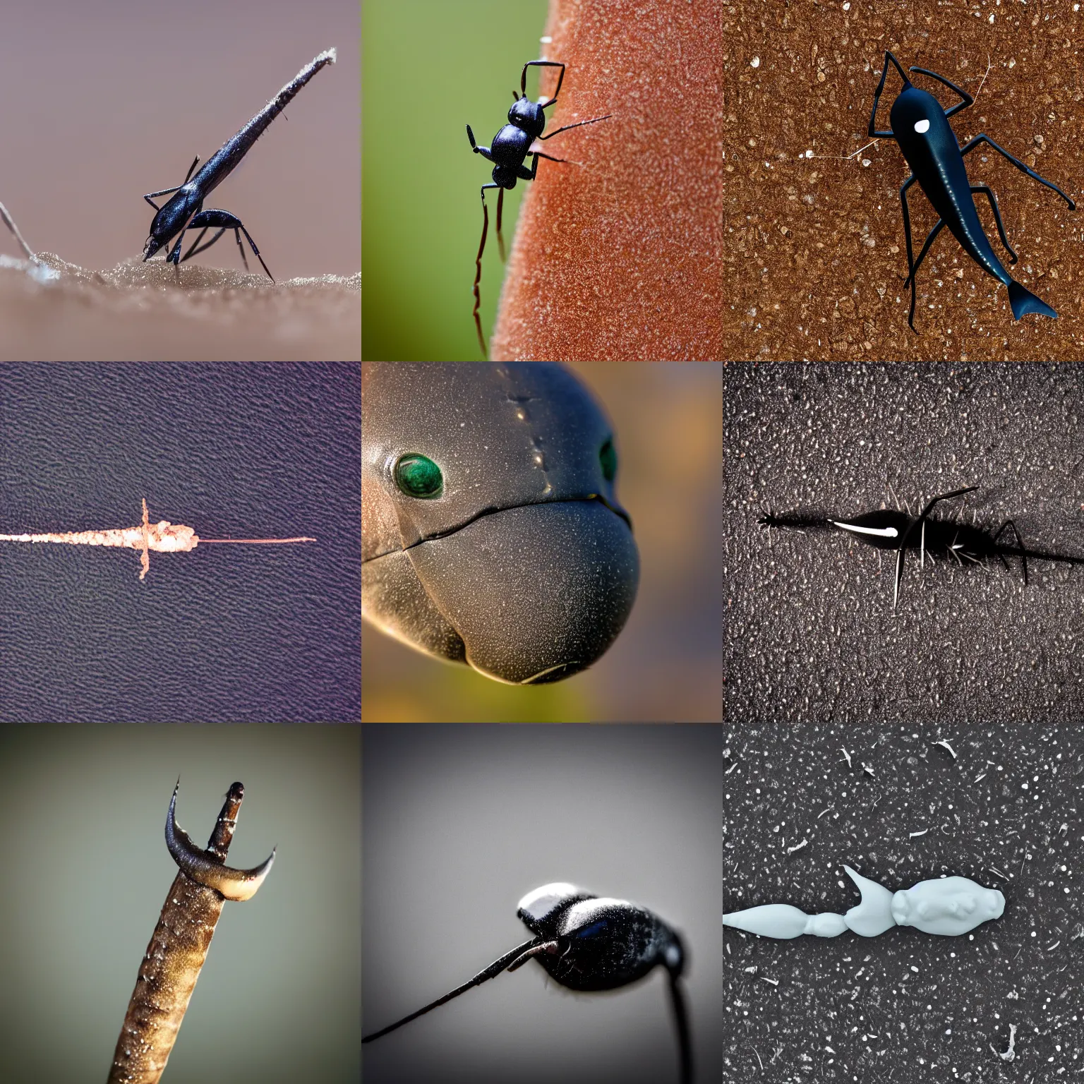 Prompt: macro photograph of a cross between a narwhal and an ant