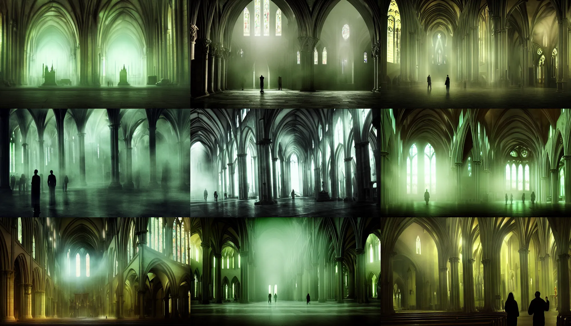 Prompt: cinematic shot from inside a cathedral, green ambient light, light fog, dark figures, digital art