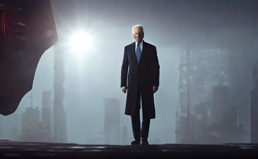 Image similar to Epic cinematic film still of Joe Biden in Blade Runner 2049. daylight. sunlight. lens flare. light fixtures. 8K. detailed. photorealism. artstation. 25mm f/1.7 ASPH Lens. ultra realistic