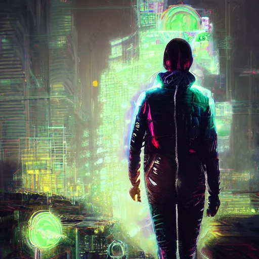 Image similar to skill magic deepdream guard girl cyberpunk futuristic, reflective puffer jacket, black leggings from the back radiating a glowing aura by ismail inceoglu dragan bibin hans thoma, perfect face, fine details, realistic shaded, fine - face, pretty face