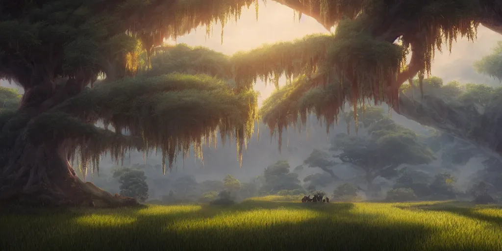 Prompt: willow tree, matte oil painting, highly detailed, hyperrealistic, cinematic, breathtaking, beautiful composition, Mokoto Shinkai, Studio Ghibli, Dan Mumford, James Jean, volumetric lighting, octane render, 4K resolution, trending on artstation