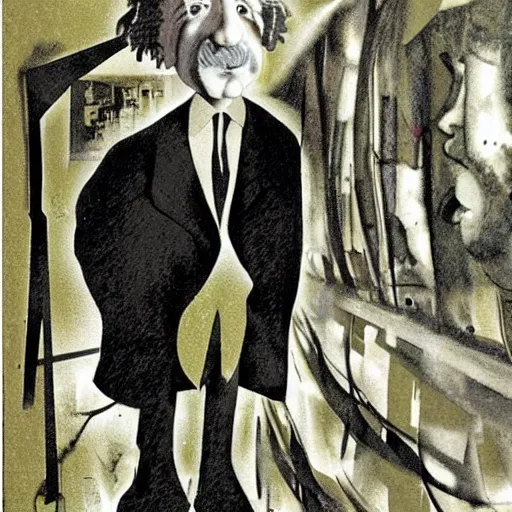 Prompt: Albert Einstein running the tour the france by Dave McKean