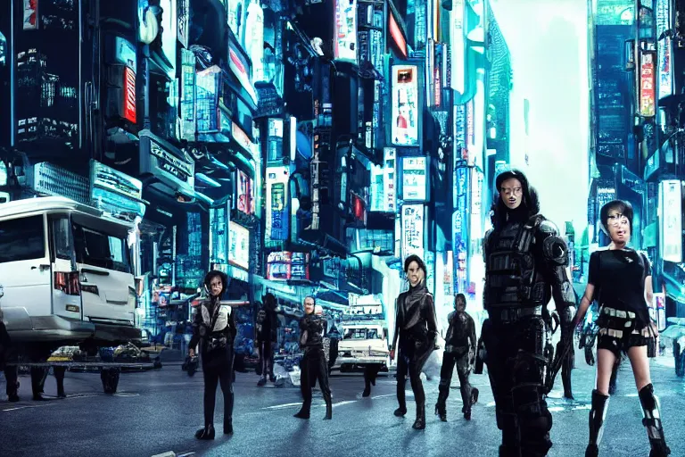 Image similar to movie diverse interracial team of Japanese sci-fi futuristic robbers armed with rifles interior clean futuristic tactical van, cyberpunk city, beautiful skin, Symmetrical faces. natural lighting by Emmanuel Lubezki