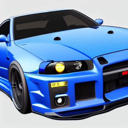 Image similar to electric blue R34 skyline, photography, 4k, volumetric lighting