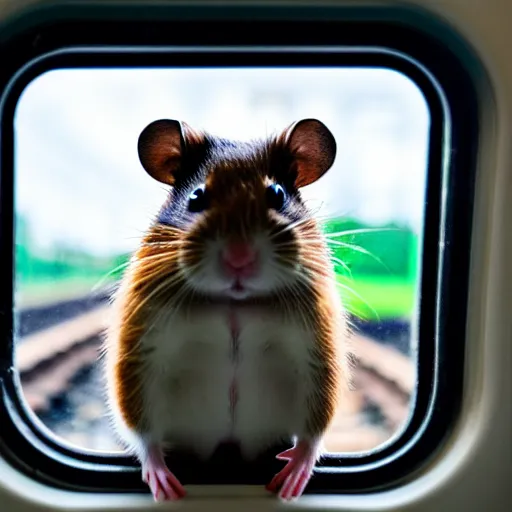 Image similar to photo of a hamster inside a train, looking out of a train window, various poses, unedited, soft light, sharp focus, 8 k