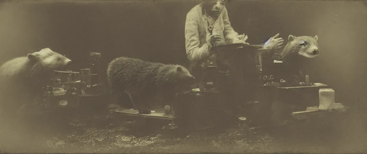 Image similar to detailed daguerreotype of a honey badger as watchmaker in workshop, stempunk laboratory, vintage style, wet collodion, stempunk, sepia, monochrome black and white, artistic photo from late xix century, high resolution, dark atmosphere