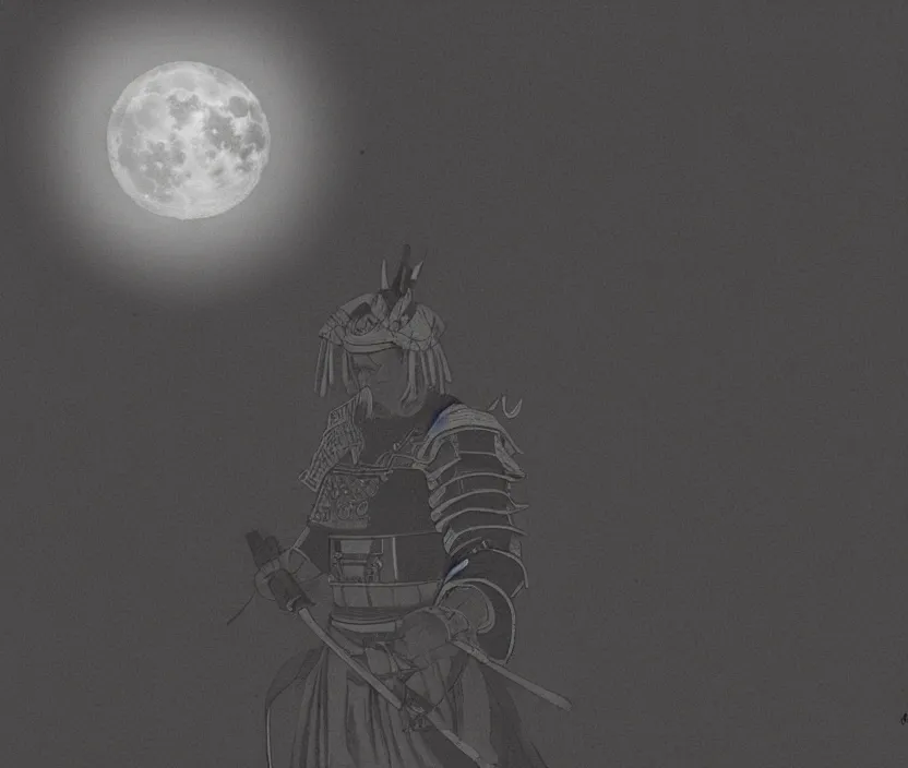 Image similar to '2d design graphic a samurai in the night ,big white moon background , gloomy and foggy atmosphere, octane render, horror scene, highly detailded style of Moebius, black and white ink '