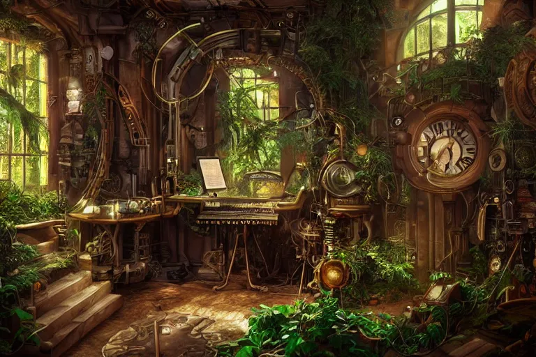 Prompt: very tidy steampunk home office overseeing a magical portal, lush plants, machines, synthesizer, beautifully lit, very detailed painting, hyperrealism, trending on artstation