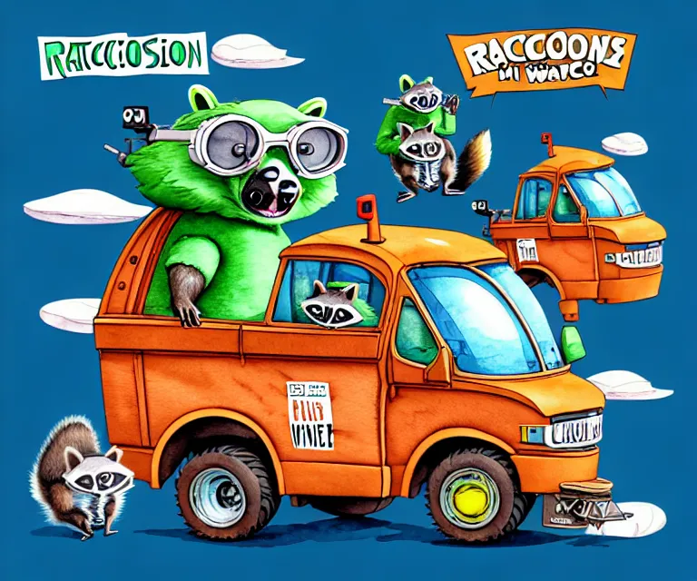 Image similar to cute and funny, racoon wearing goggles driving a tiny garbage truck, ratfink style by ed roth, centered award winning watercolor pen illustration, isometric illustration by chihiro iwasaki, edited by craola, tiny details by artgerm and watercolor girl, symmetrically isometrically centered