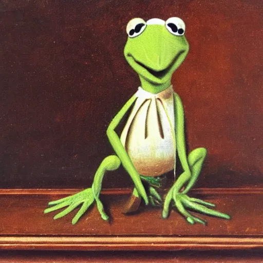 Prompt: portrait of Kermit the frog sitting on a stool, 1700s oil painting, antique