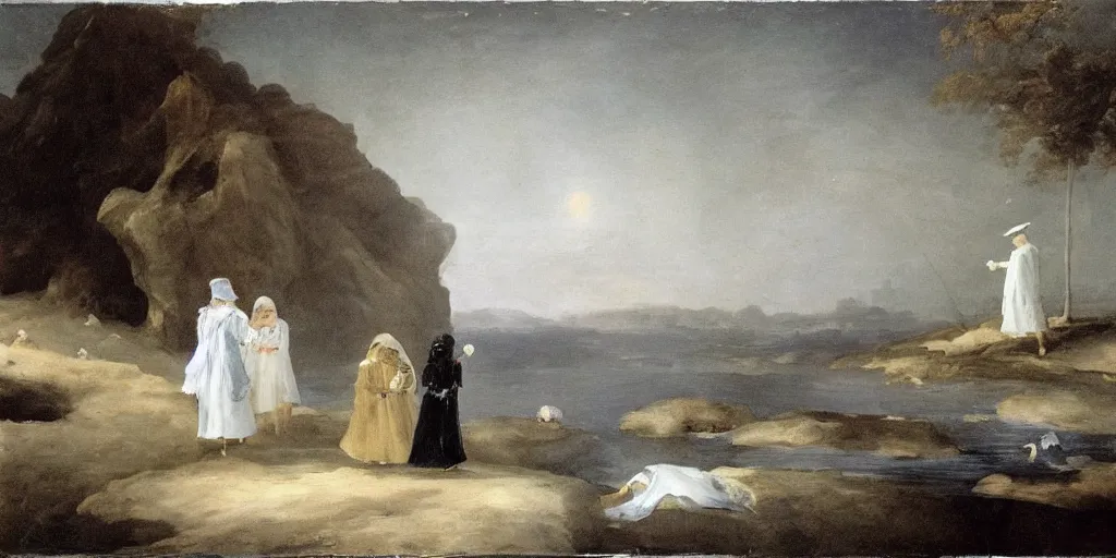 Prompt: hyperrealismBaptism on the river girls in white capes and robot skeletons landscape in style of Goya