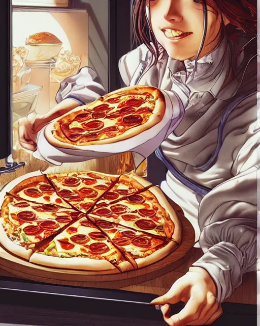 Image similar to a girl cooking a pizza, full shot, visible face, ambient lighting, detailed, art by ayami kojima, makoto shinkai, kilian eng