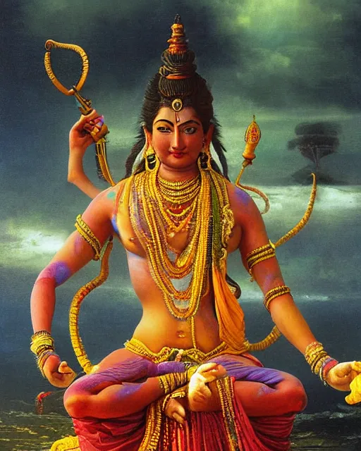 Prompt: One many-armed Shiva sits. In the background gasoline on the water. High detail, hyperrealism, masterpiece, close-up, ceremonial portrait, solo, rich deep colors, realistic, art by Yoshitaka Amano, Ivan Aivazovsky