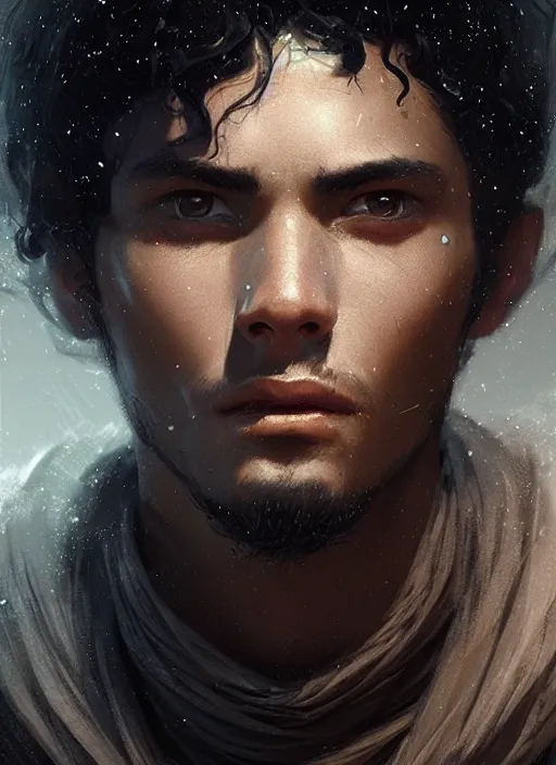 Image similar to portrait of an ancient traveller, a rough young man with black hair, intricate, elegant, glowing lights, highly detailed, digital painting, artstation, concept art, smooth, sharp focus, art by wlop, mars ravelo and greg rutkowski