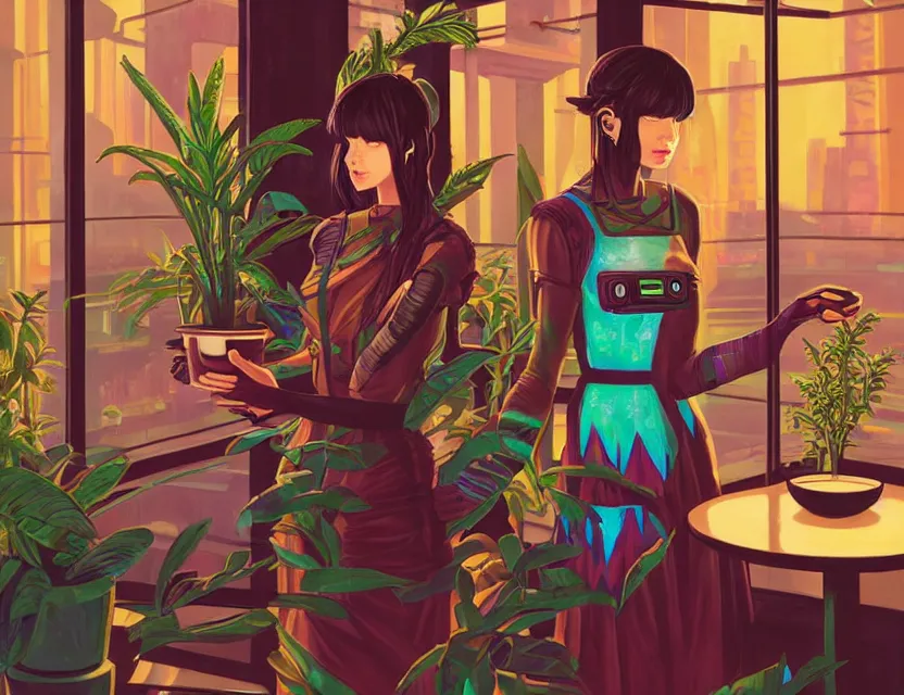 Prompt: aztec scifi barista in a well - lit cafe with potted plants, wearing a lovely dress with cyberpunk elements. this oil painting by the award - winning mangaka has an interesting color scheme and impeccable lighting.