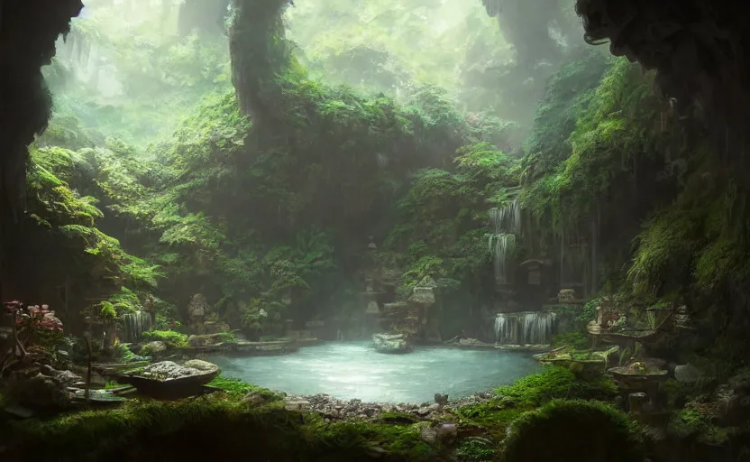 Image similar to painting of an interior of a hidden japanese hotspring in a small cave, fantasy, lush plants and flowers, natural light, concept art, by greg rutkowski, cozy atmospheric and cinematic lighting, trending on artstation